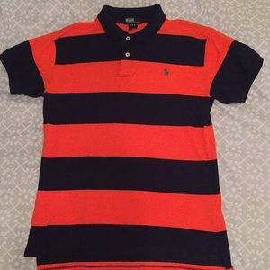 Navy/orange stripe polo. EUC